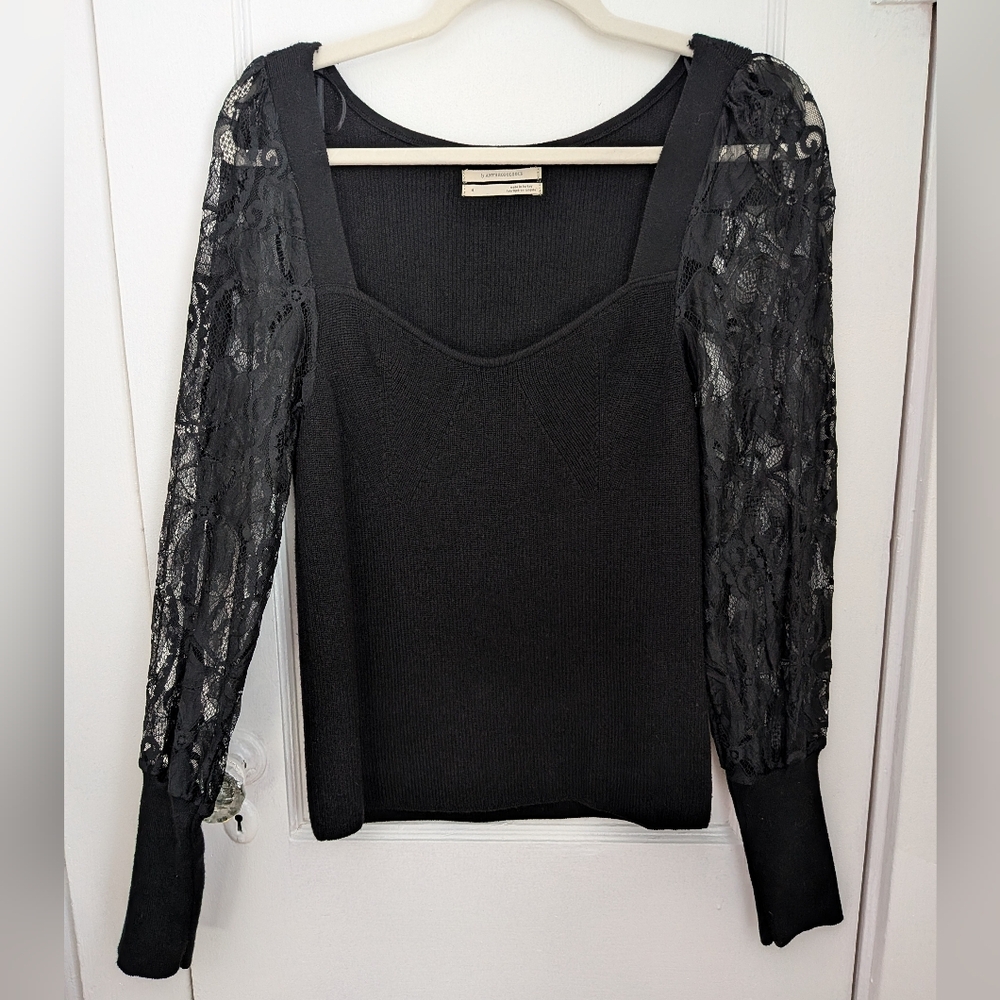 By Anthropologie Black Lace Long Sleeve Sleeve Sweater Top - Size M